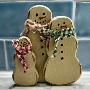 Vintage‎ 90s Primitive Rustic Snowman Trio with Gingham Scarves cottagecore farm